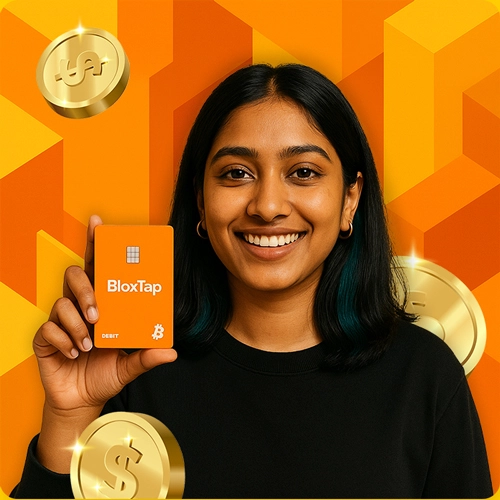 Girl Holding BloxTap Cryptocurrency Card